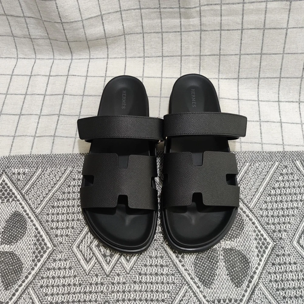 Hermes Black Leather H-Cut Slide Sandals with Strap